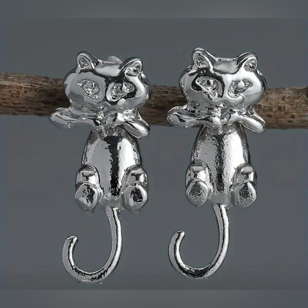 Silvery Cat Design Ear Jackets Earrings Simple Cute Style Silver Plated Jewelry